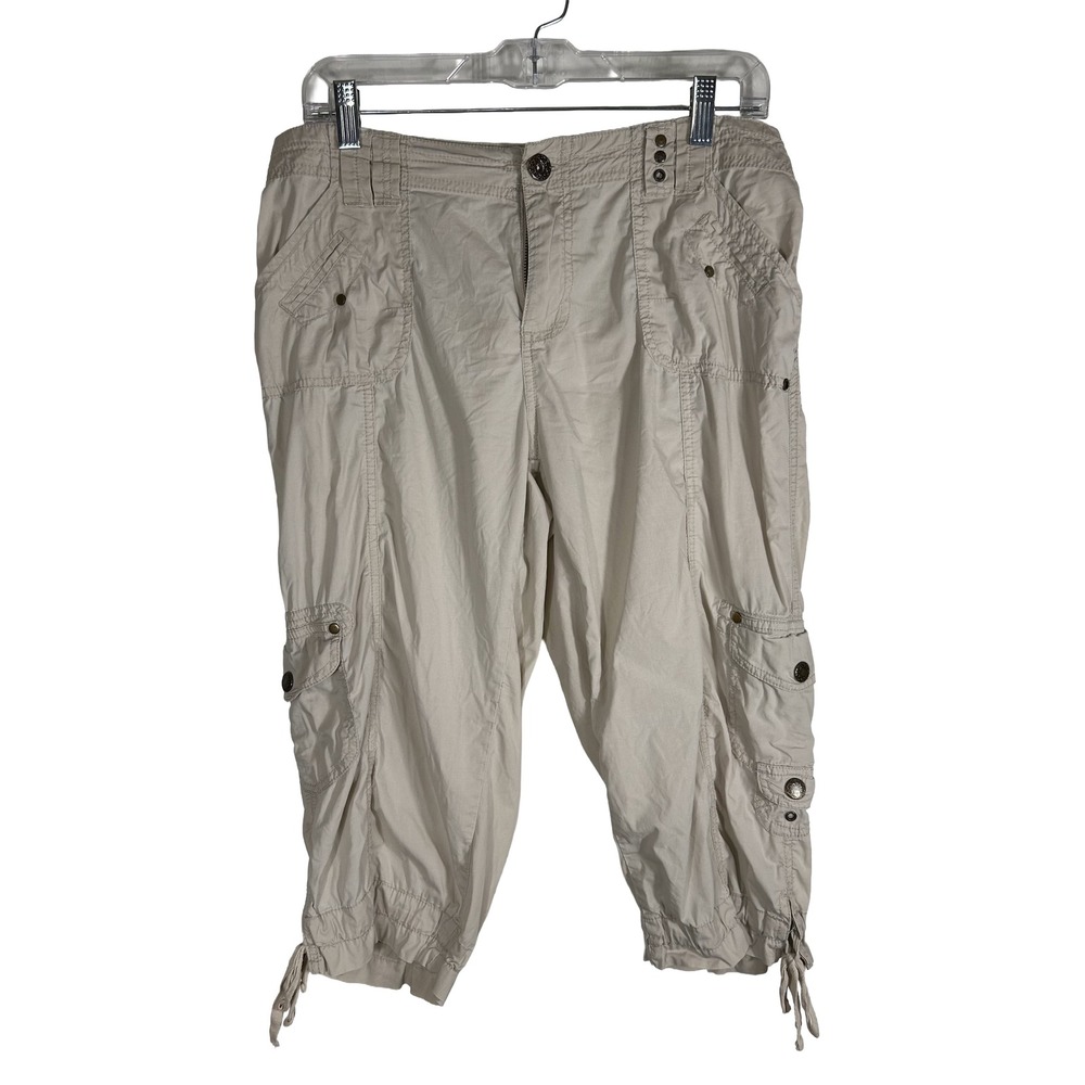 Roz & Ali Khaki Cargo Capri Pants‎ Womens 6 Stone Utility Cropped Drawstring Hem